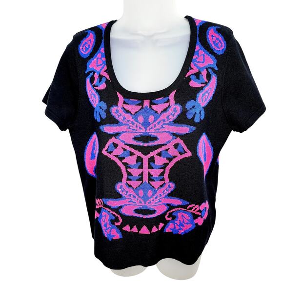 Allison Brittney Black & Pink Knit Short Sleeve Key Hole Cutout Back Sweater L - Picture 1 of 9